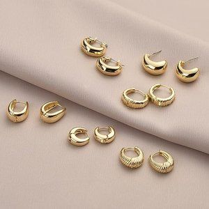 14K Gold Plated Chunky Huggie Hoop Earrings Set of 6 Minimalist Classic Jewelry